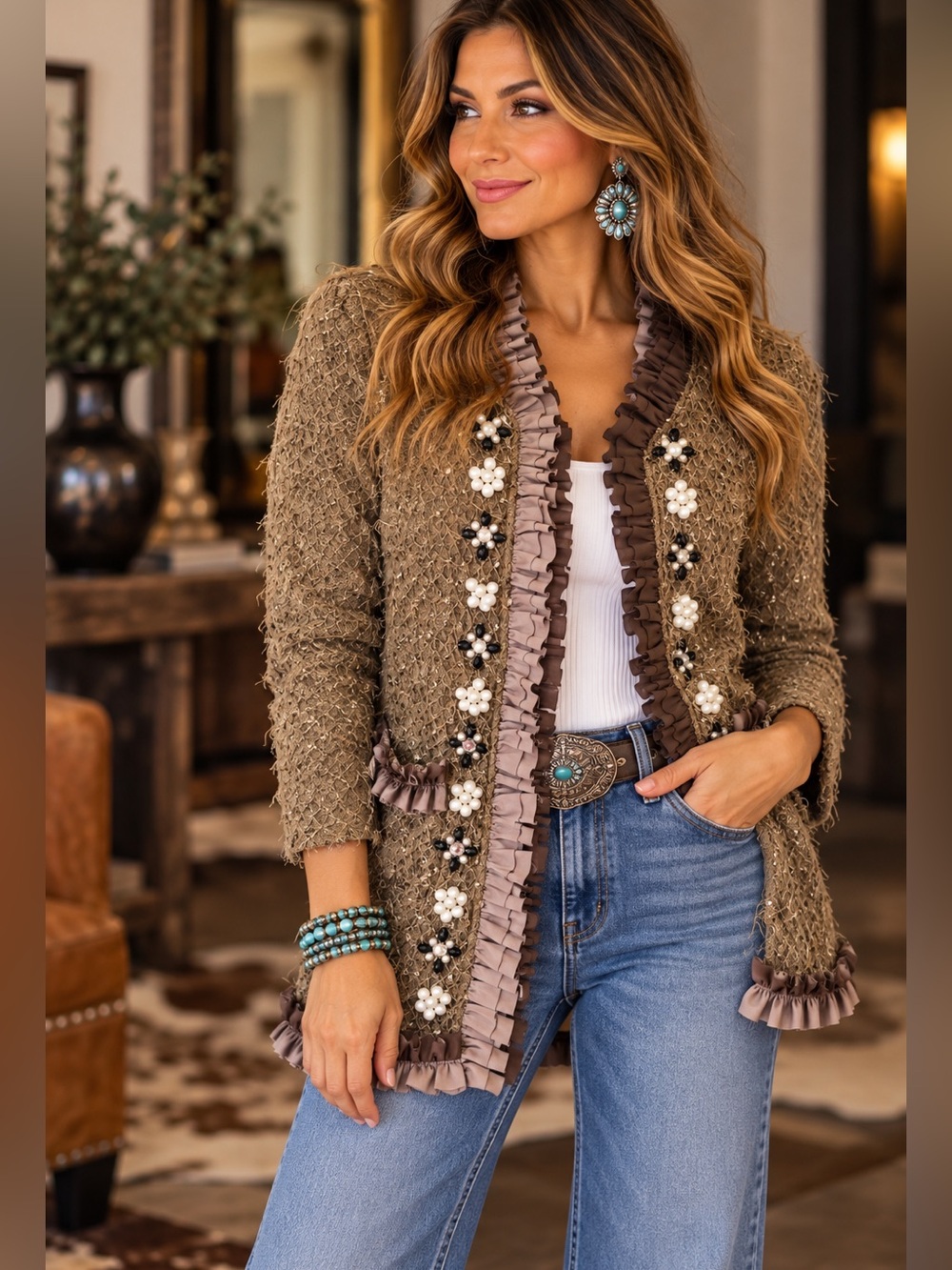 Ryu Brown Textured Ruffle Pearl Embellished Long Cardigan Jacket S